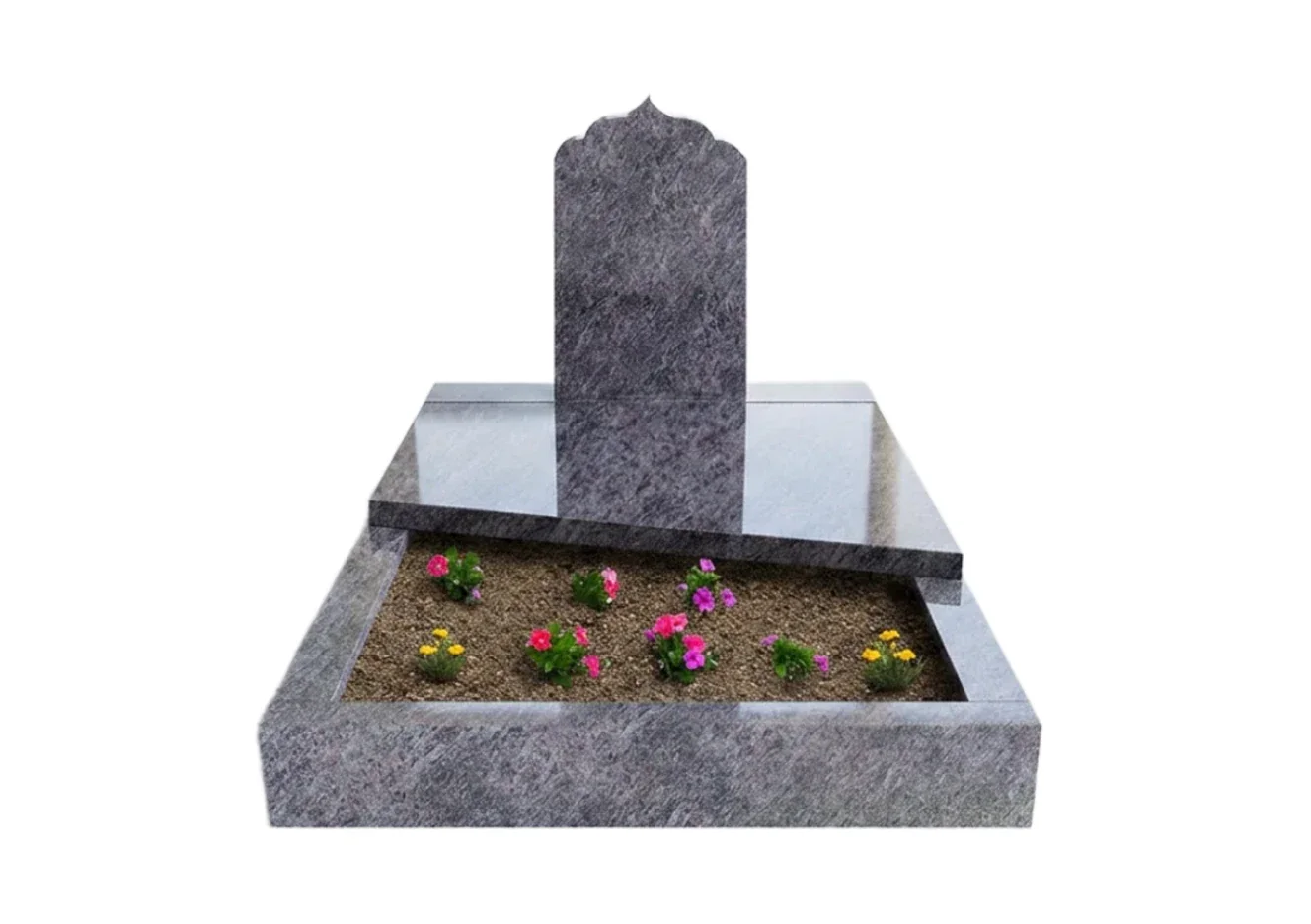 Granit Grabstein mit Einfassung, diagonaler Abdeckung und Blumenbeet – Grabmal Hamburg