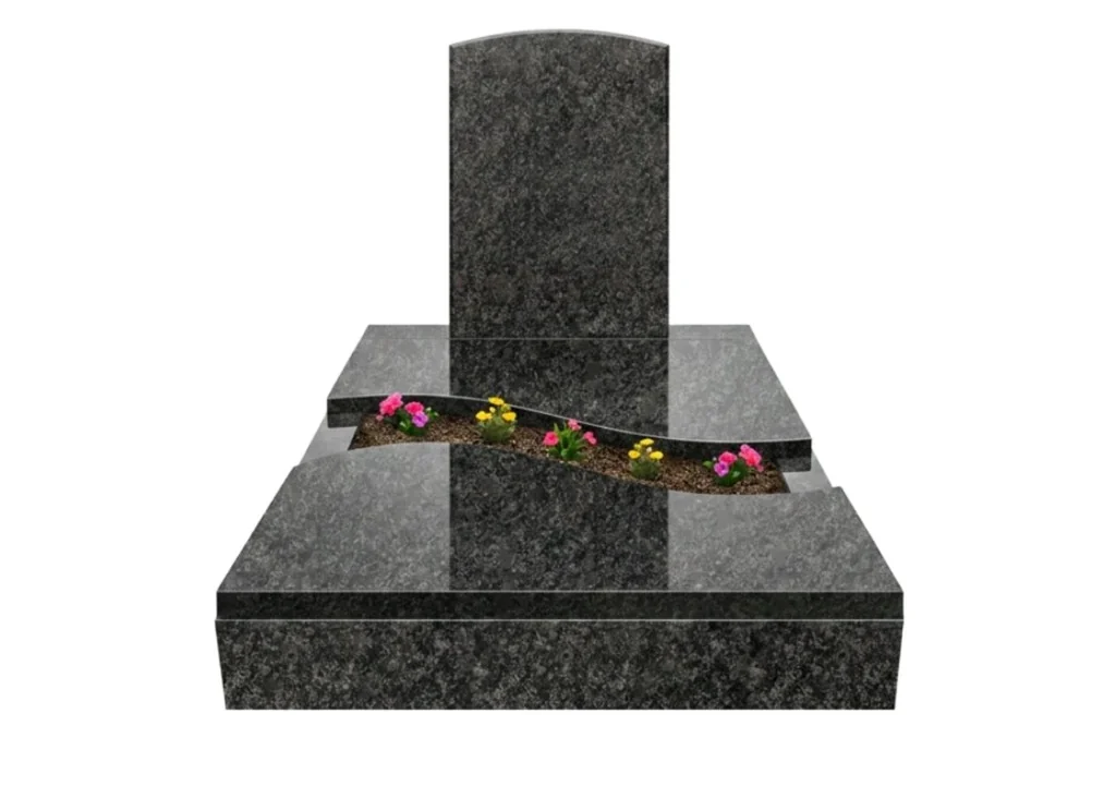 Dunkelgrauer Granit Grabstein mit Einfassung, S-förmiger Abdeckung und Blumenbeet