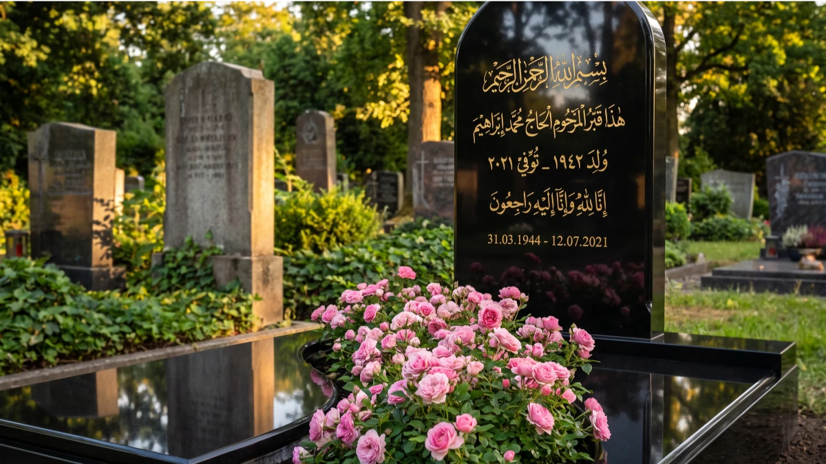 Islamischer Grabstein aus poliertem schwarzem Granit mit goldener arabischer Kalligrafie